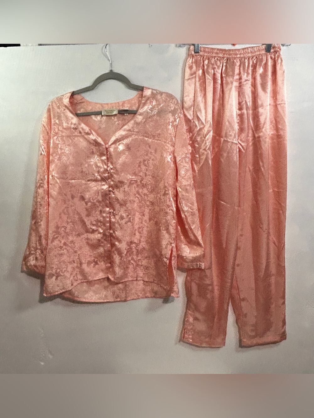 Vintage 90s Victoria's Secret Peach Satin Jacquard Pajama Set S Y2K Cottagecore